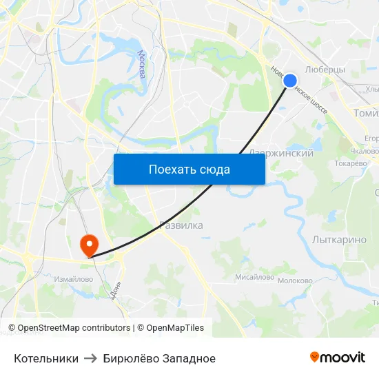 Котельники to Бирюлёво Западное map
