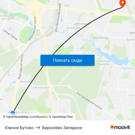 Южное Бутово to Бирюлёво Западное map