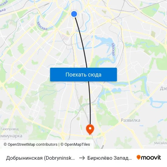 Добрынинская (Dobryninskaya) to Бирюлёво Западное map