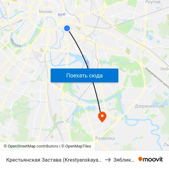 Крестьянская Застава (Krestyanskaya Zastava) to Зябликово map