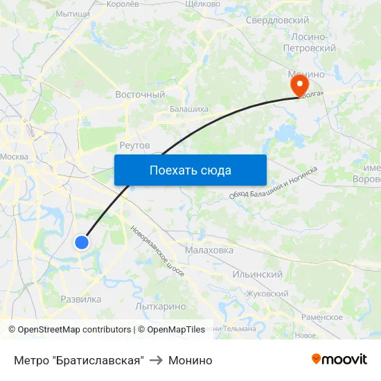 Метро "Братиславская" to Монино map