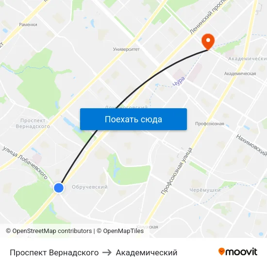 Проспект Вернадского to Академический map
