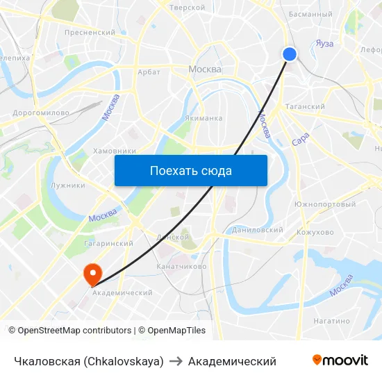 Чкаловская (Chkalovskaya) to Академический map