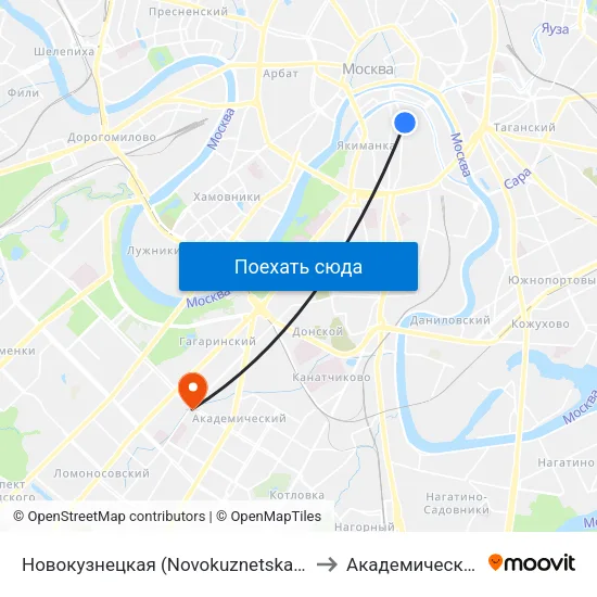 Новокузнецкая (Novokuznetskaya) to Академический map