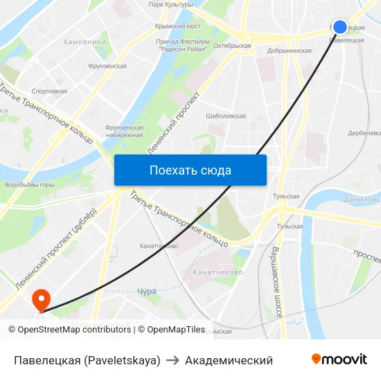 Павелецкая (Paveletskaya) to Академический map