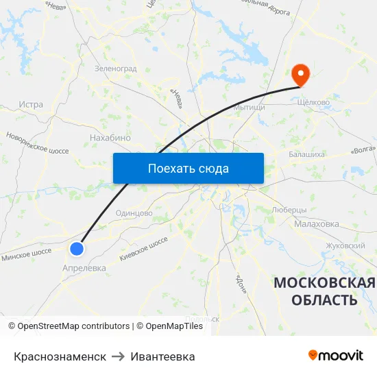 Краснознаменск to Ивантеевка map