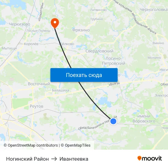 Ногинский Район to Ивантеевка map