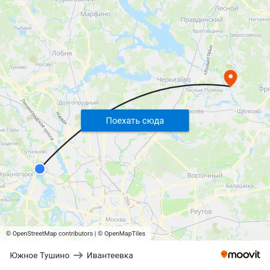 Южное Тушино to Ивантеевка map