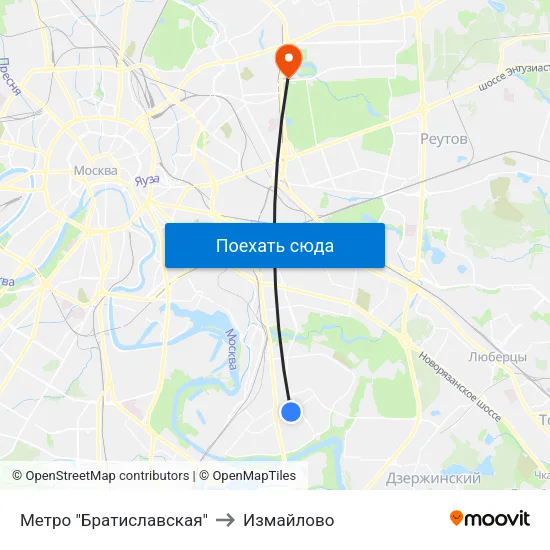 Метро "Братиславская" to Измайлово map