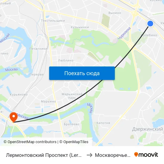 Лермонтовский Проспект (Lermontovsky Prospekt) to Москворечье-Сабурово map
