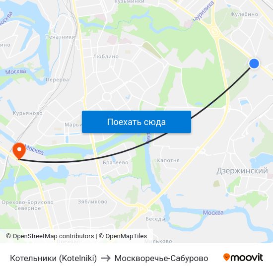 Котельники (Kotelniki) to Москворечье-Сабурово map