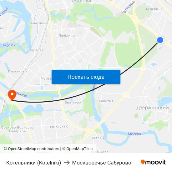 Котельники (Kotelniki) to Москворечье-Сабурово map