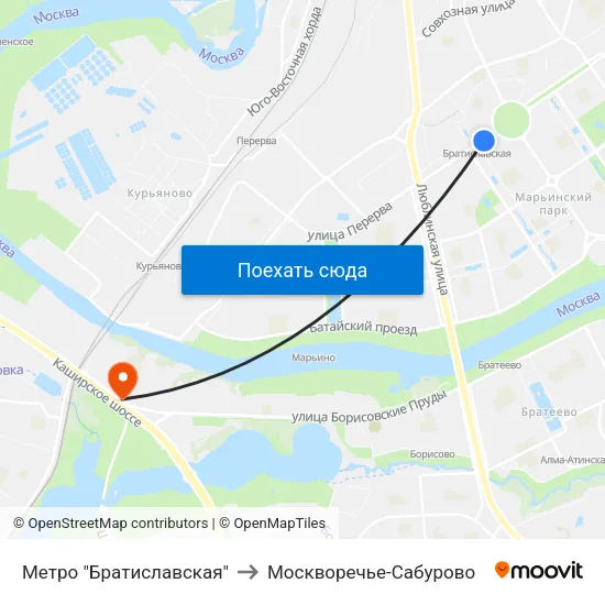 Метро "Братиславская" to Москворечье-Сабурово map