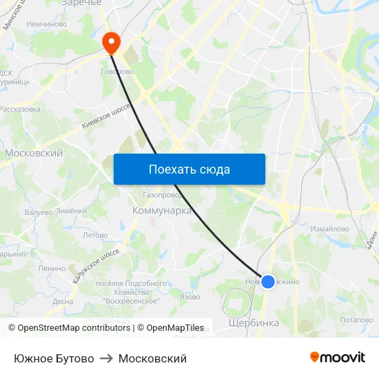 Южное Бутово to Московский map