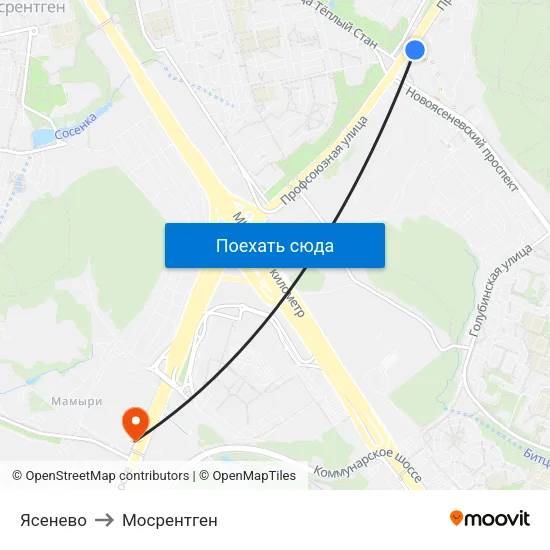 Ясенево to Мосрентген map