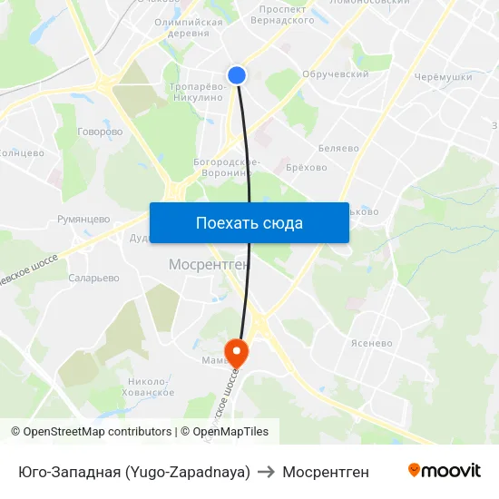 Юго-Западная (Yugo-Zapadnaya) to Мосрентген map
