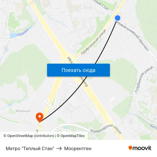 Метро "Теплый Стан" to Мосрентген map