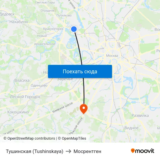 Тушинская (Tushinskaya) to Мосрентген map
