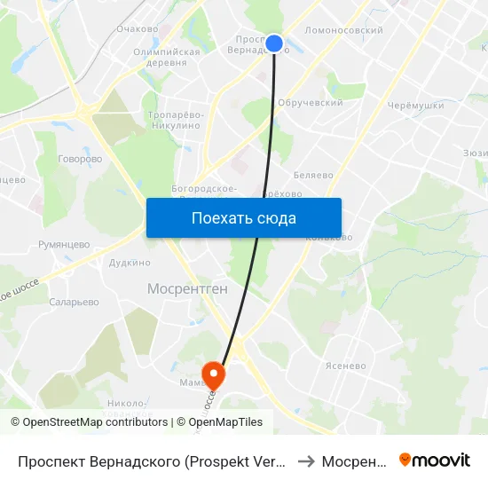Проспект Вернадского (Prospekt Vernadskogo) to Мосрентген map