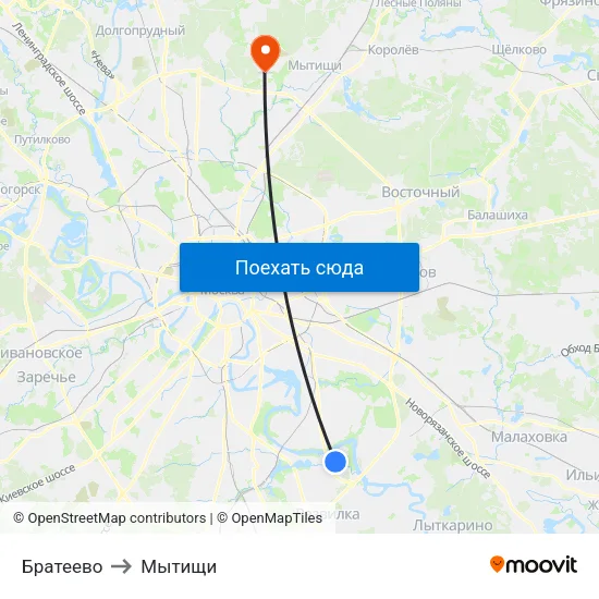 Братеево to Мытищи map