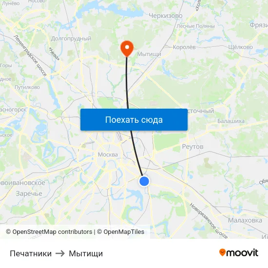 Печатники to Мытищи map