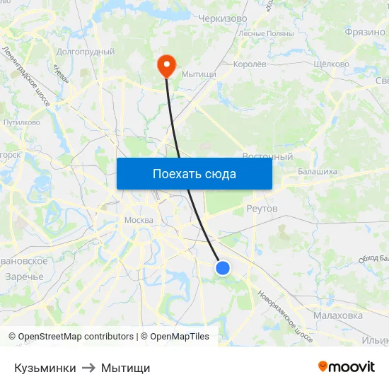 Кузьминки to Мытищи map