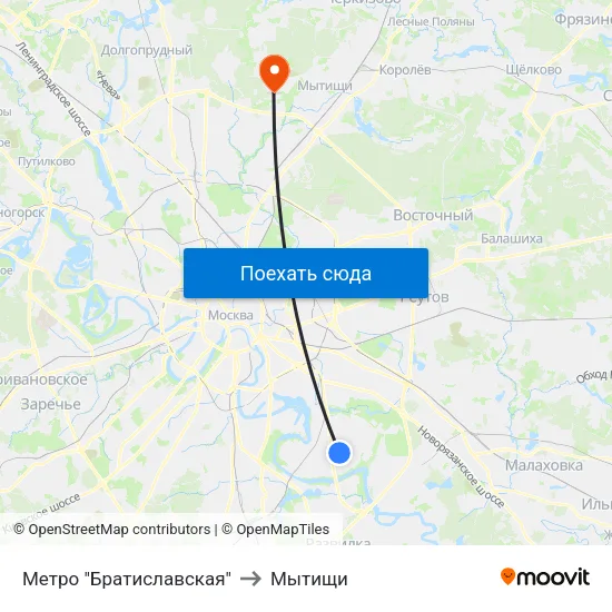 Метро "Братиславская" to Мытищи map