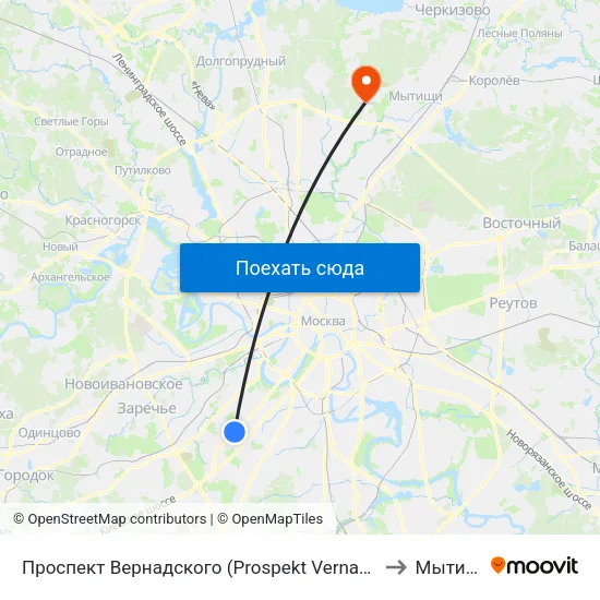 Проспект Вернадского (Prospekt Vernadskogo) to Мытищи map