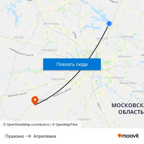 Пушкино to Апрелевка map