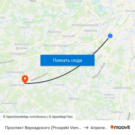 Проспект Вернадского (Prospekt Vernadskogo) to Апрелевка map