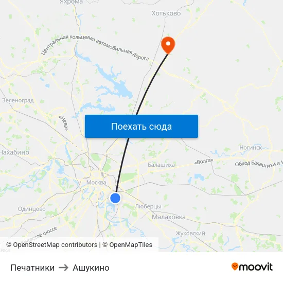 Печатники to Ашукино map