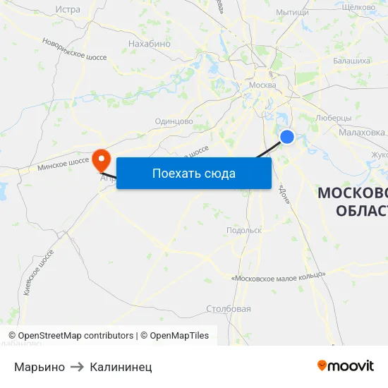 Марьино to Калининец map