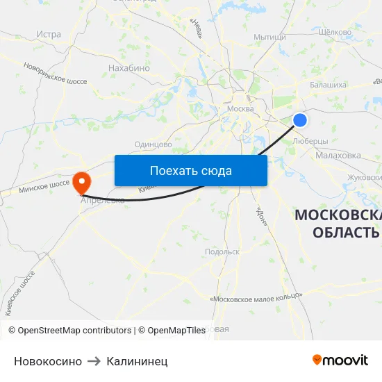 Новокосино to Калининец map