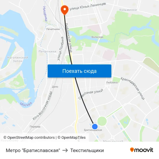 Метро "Братиславская" to Текстильщики map