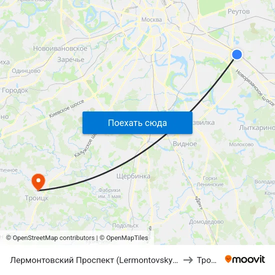 Лермонтовский Проспект (Lermontovsky Prospekt) to Троицк map