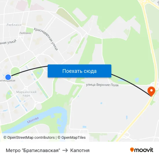 Метро "Братиславская" to Капотня map