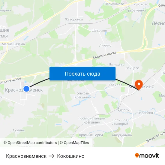 Краснознаменск to Кокошкино map