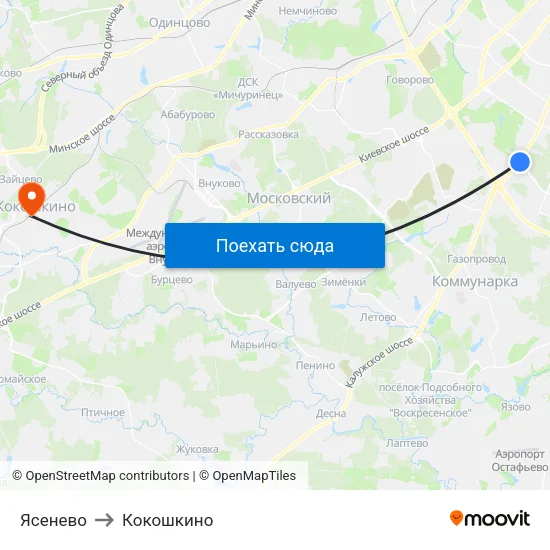 Ясенево to Кокошкино map