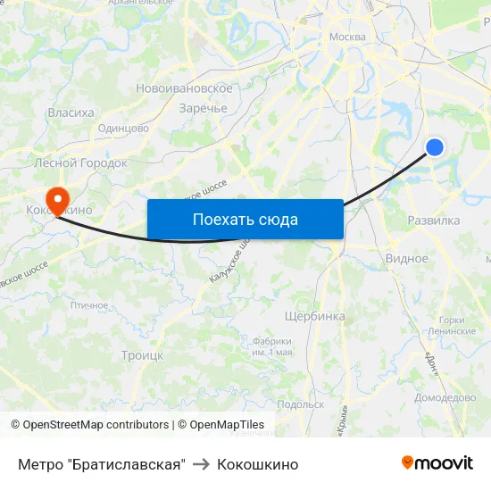 Метро "Братиславская" to Кокошкино map