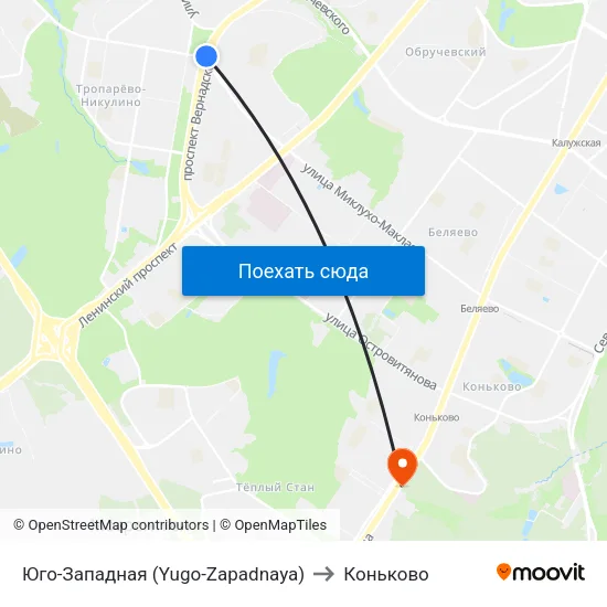 Юго-Западная (Yugo-Zapadnaya) to Коньково map
