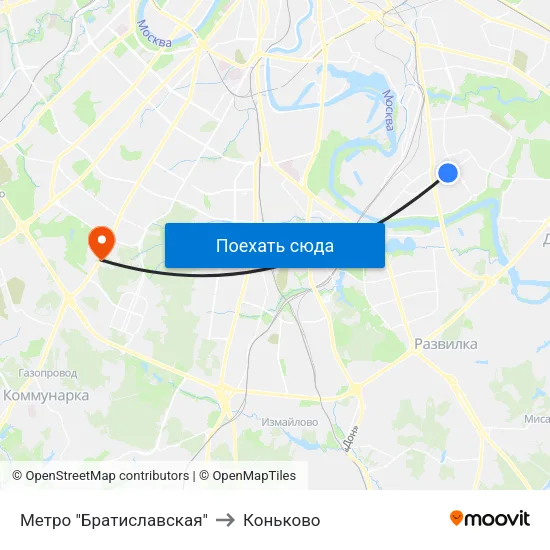Метро "Братиславская" to Коньково map