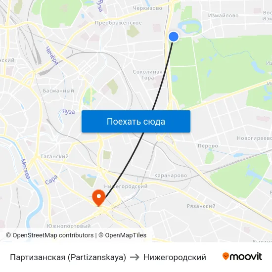 Партизанская (Partizanskaya) to Нижегородский map