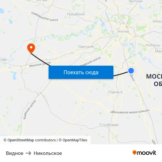 Видное to Никольское map