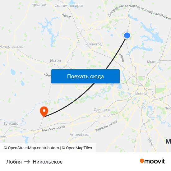 Лобня to Никольское map