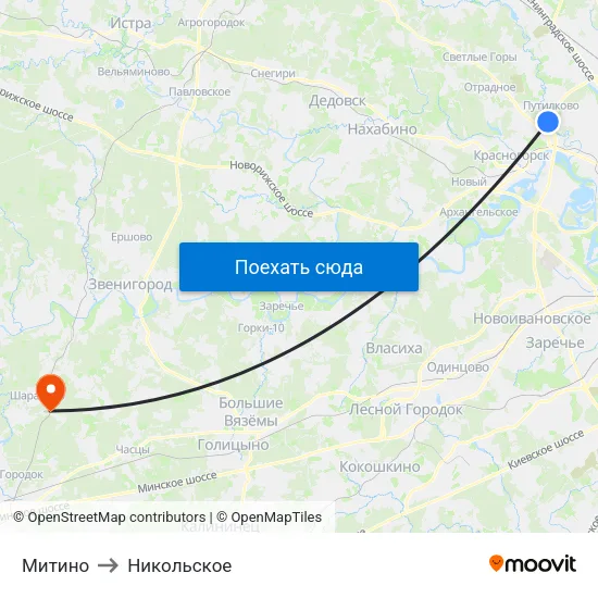 Митино to Никольское map