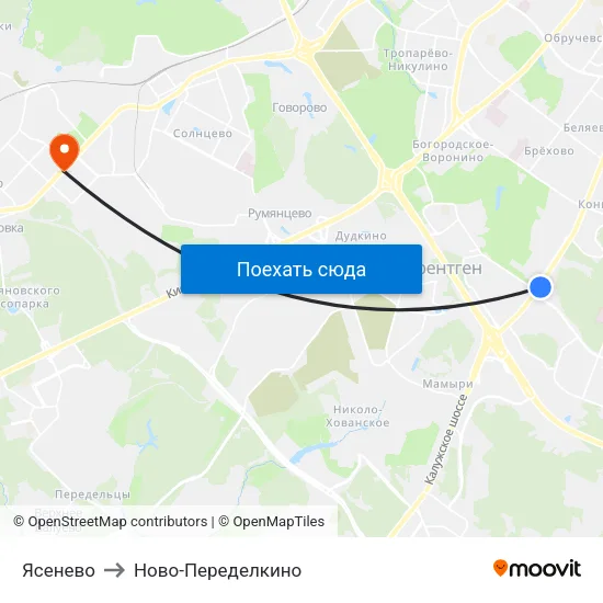 Ясенево to Ново-Переделкино map