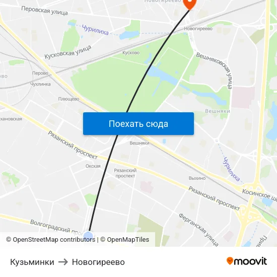 Кузьминки to Новогиреево map