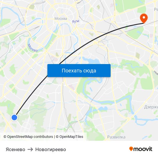 Ясенево to Новогиреево map