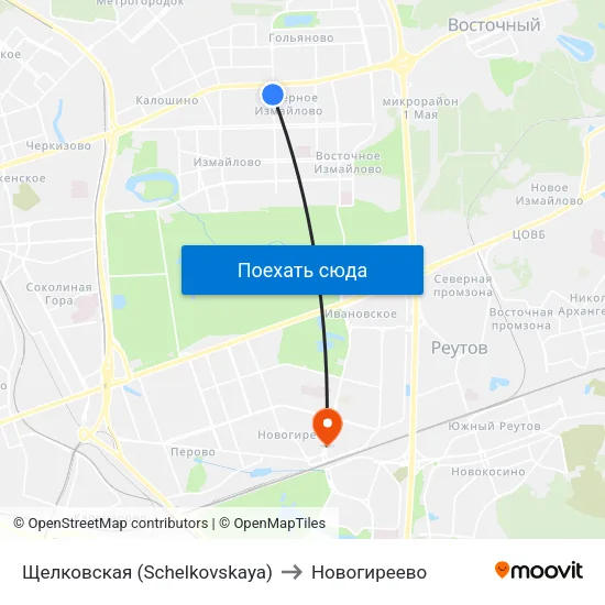 Щелковская (Schelkovskaya) to Новогиреево map