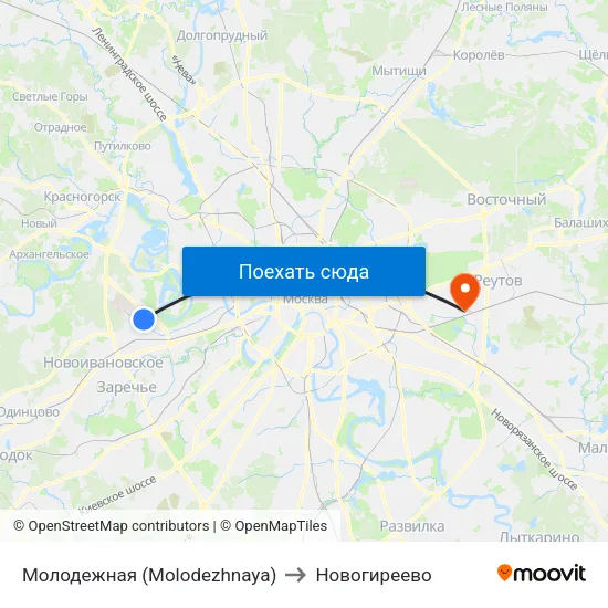 Молодежная (Molodezhnaya) to Новогиреево map